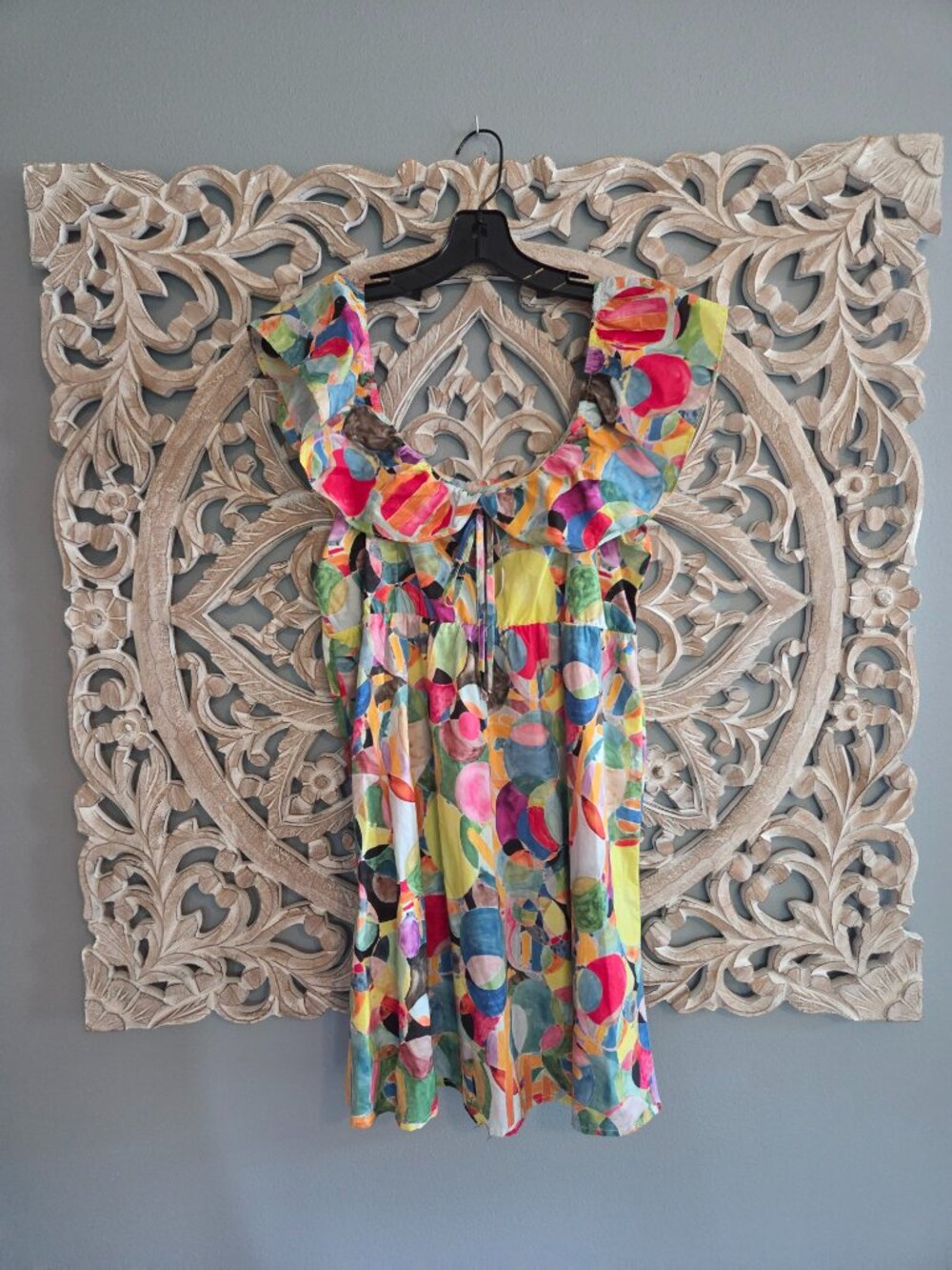 TCEC cotton mini dress w/ vibrant, multi-colored abstract watercolor print Large